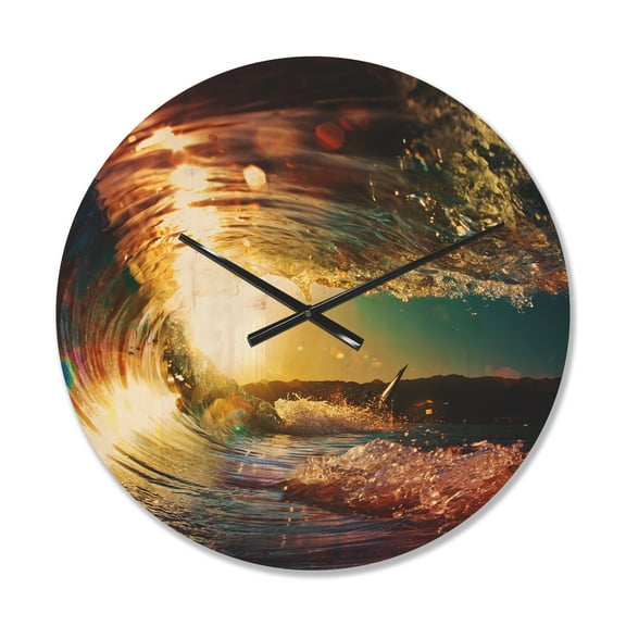 Designart 'Colored Ocean Waves Falling Down At Sunset III' Coastal Wood Wall Clock