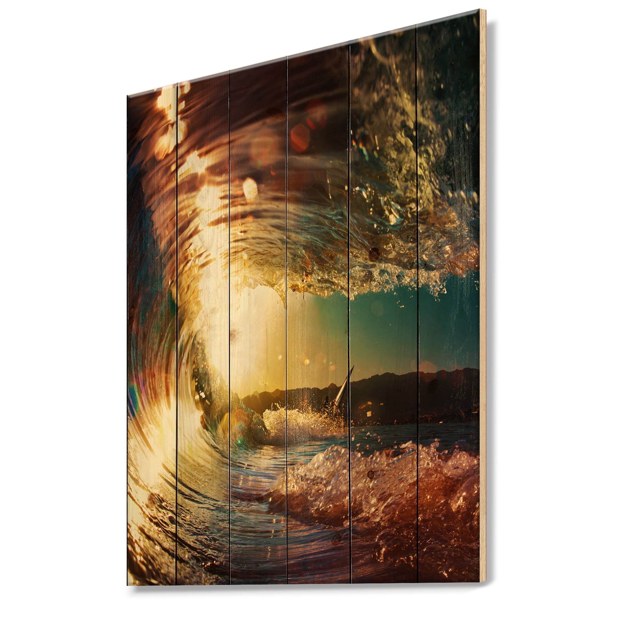 Designart 'Colored Ocean Waves Falling Down At Sunset III' Modern Seashore Print on Natural Pine Wood