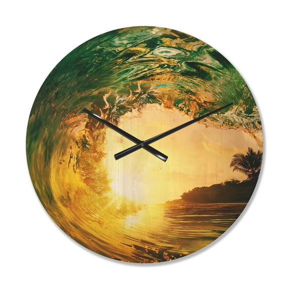 Designart 'Colored Ocean Waves Falling Down At Sunset IV' Coastal Wood Wall Clock