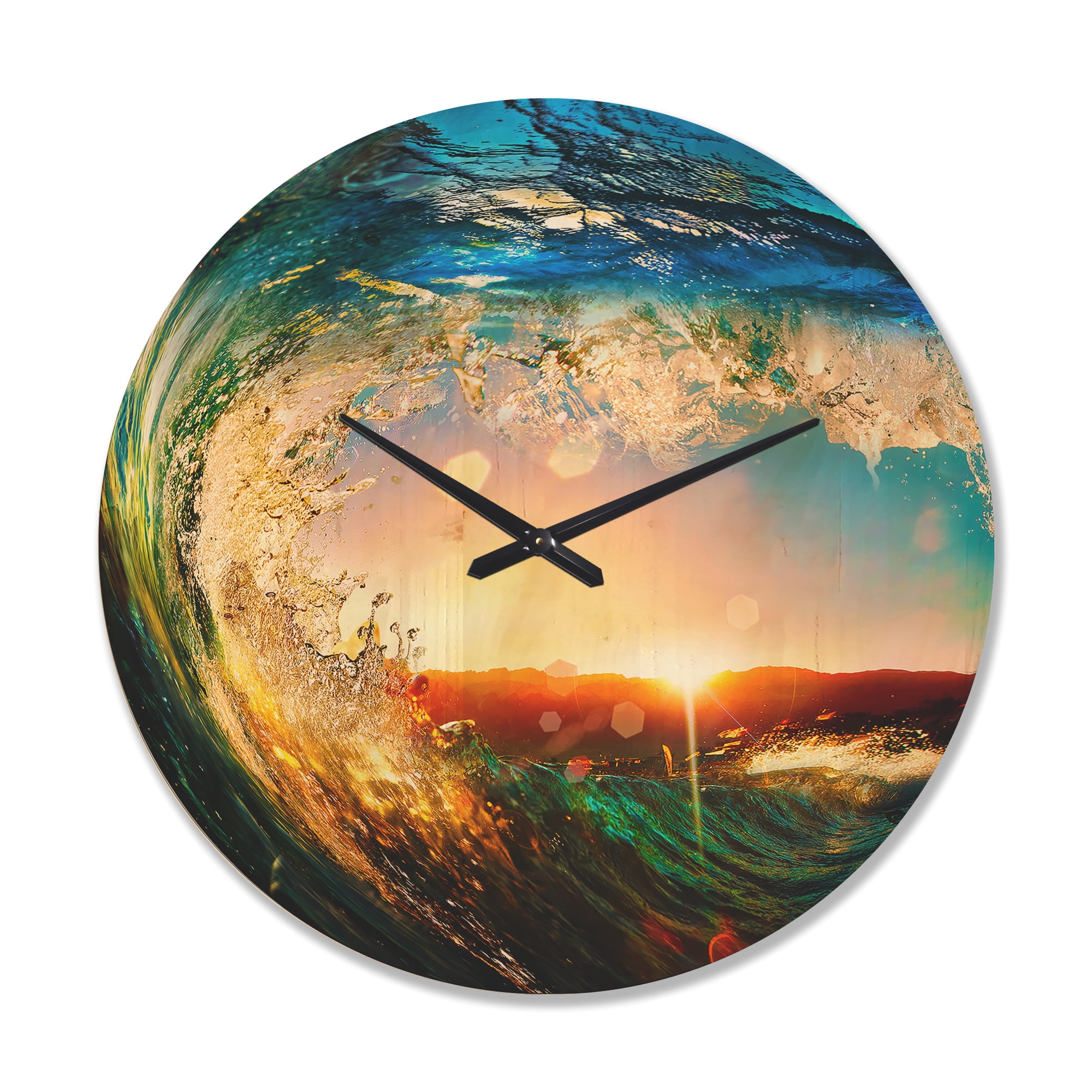 Designart 'Colored Ocean Waves Falling Down At Sunset' Modern Wood Wall Clock
