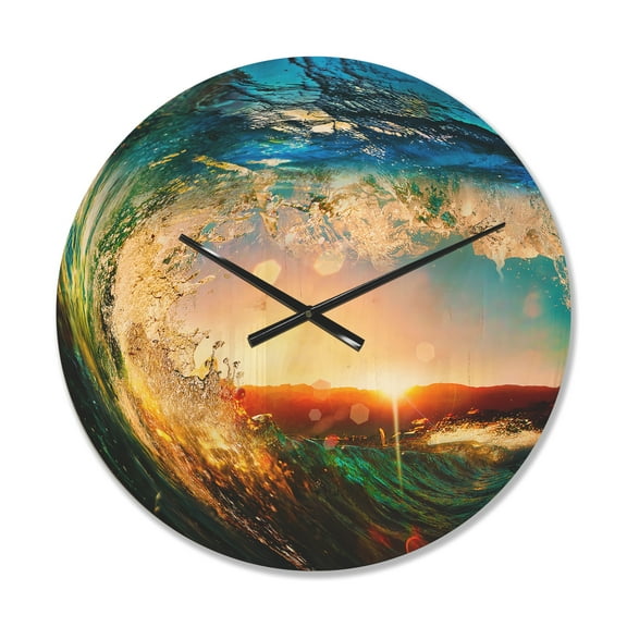 Designart 'Colored Ocean Waves Falling Down At Sunset' Modern Wood Wall Clock