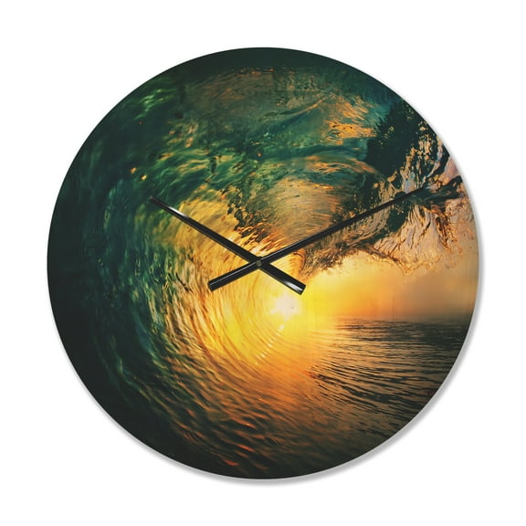Designart 'Colored Ocean Waves Falling Down At Sunset VI' Coastal Wood Wall Clock
