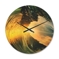Designart 'Colored Ocean Waves Falling Down At Sunset VII' Coastal Wood Wall Clock