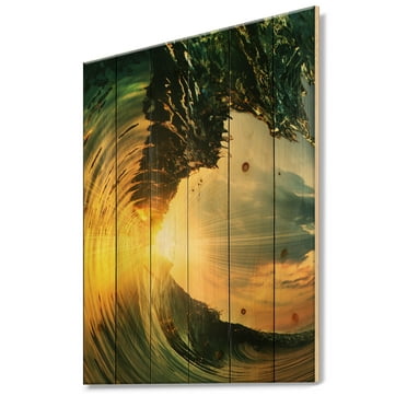 Designart 'Colored Ocean Waves Falling Down At Sunset VII' Modern Seashore Print on Natural Pine Wood