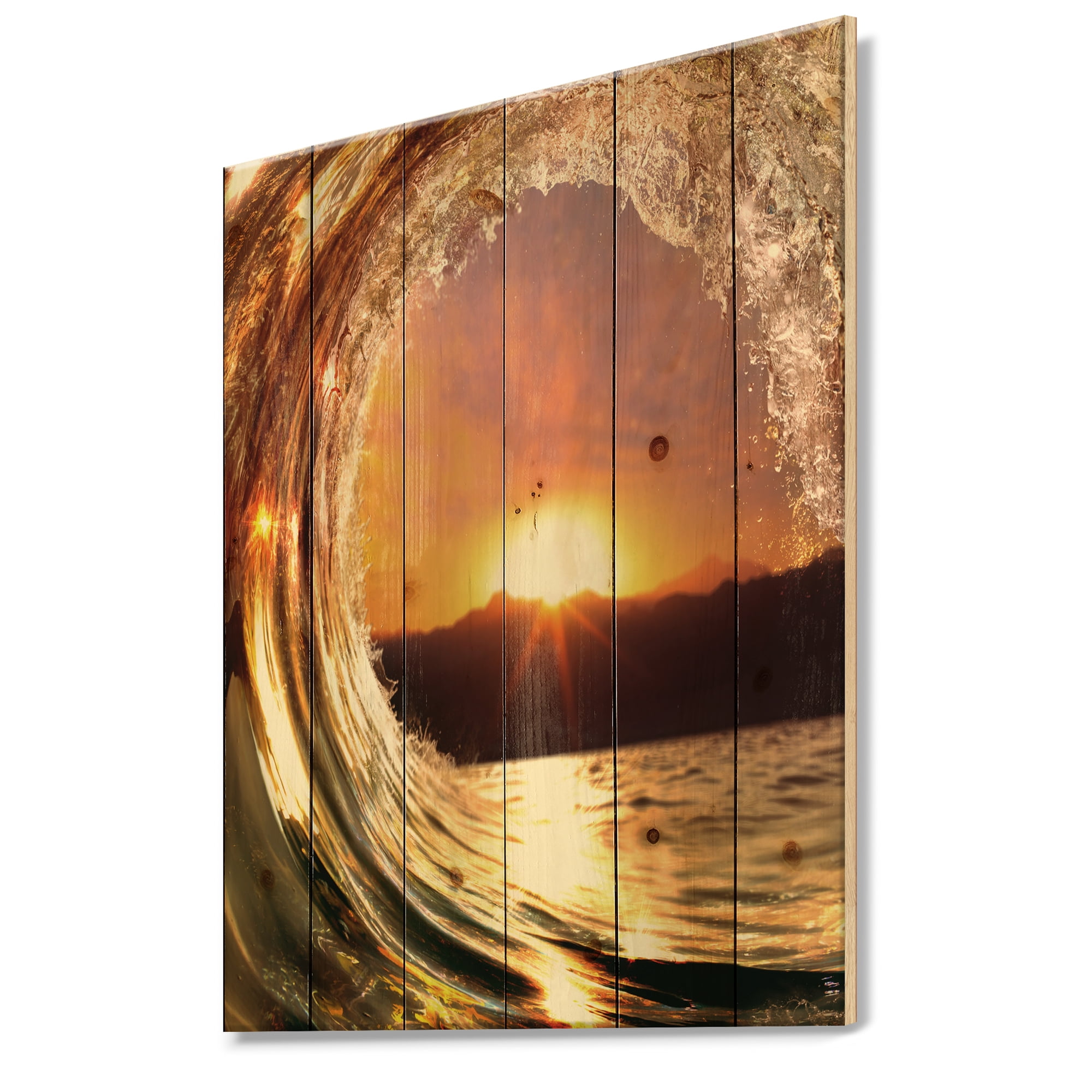 Designart 'Colored Ocean Waves Falling Down At Sunset VIII' Modern Seashore Print on Natural Pine Wood