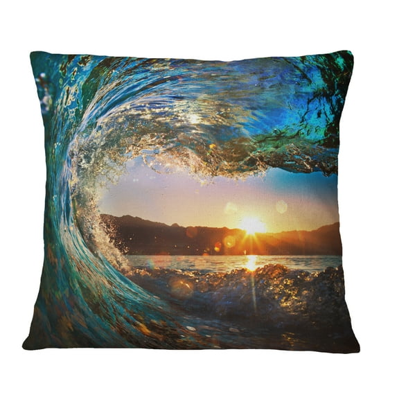 Designart Colored Ocean Waves Falling Down - Modern Seashore Throw Pillow - 12x20