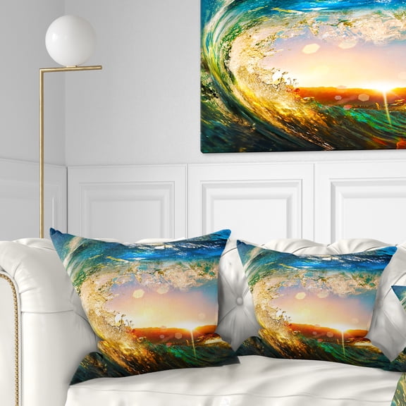 Designart Colored Ocean Waves Falling Down - Modern Seashore Throw Pillow - 16x16