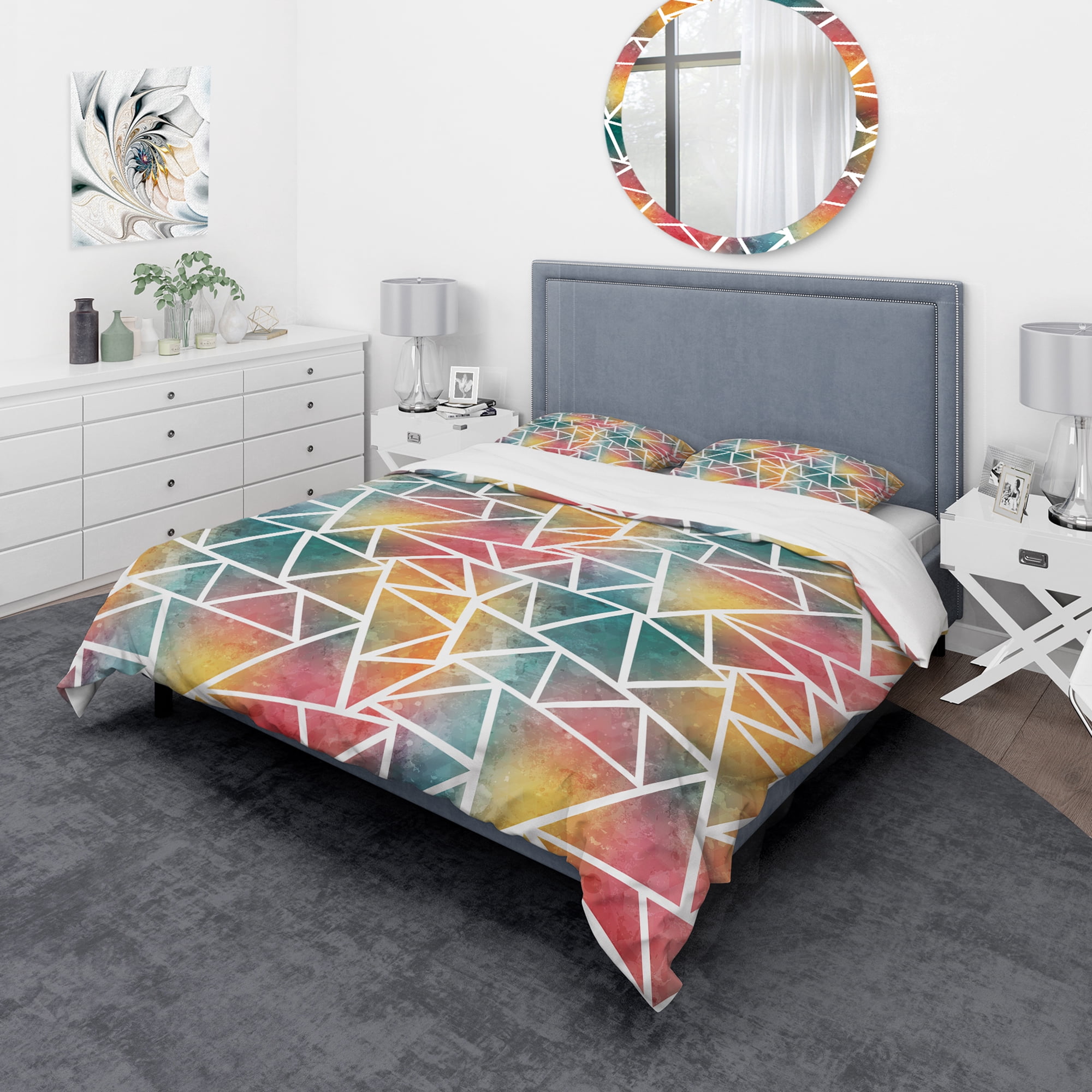 Designart 'Colored Triangle Pattern with Grunge Effect' Modern Duvet Cover Set