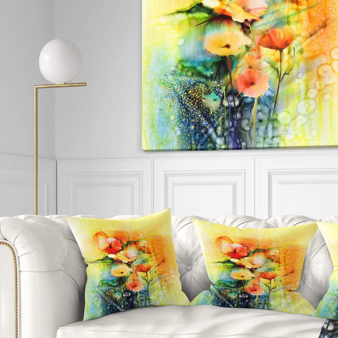 Designart Colored Watercolor Flowers on Yellow - Floral Throw Pillow - 18x18