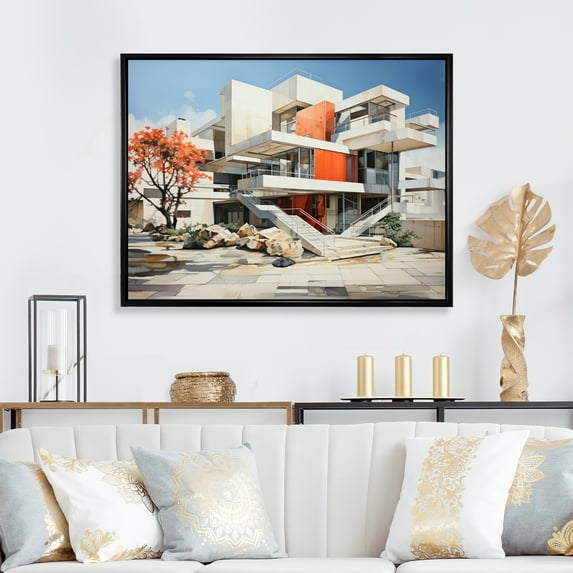 Designart "Colorful 0 Mid Century Architectural consistency I" Architecture Floater Framed Canvas Art Print