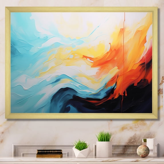 Designart "Colorful Abstract Expression in Blue and Orange" Abstract Framed Wall Art Decor - Modern Blue Abstract Painting Hallway Framed Wall Art Decor