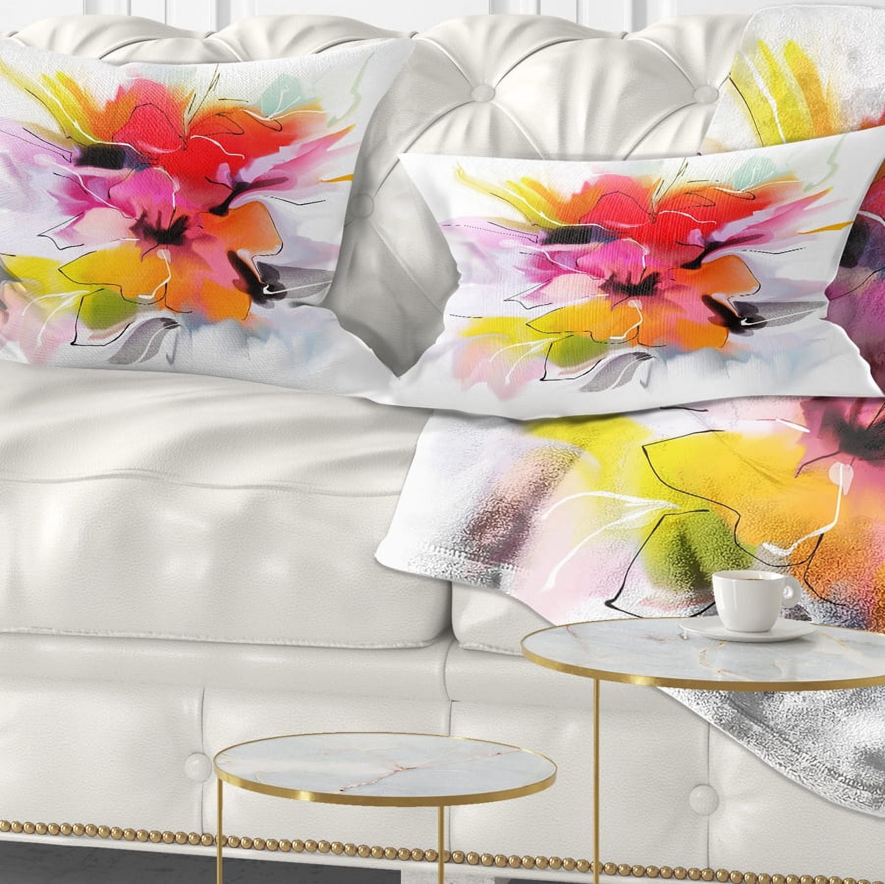 Designart Colorful Abstract Flowers on White - Floral Throw Pillow - 12x20