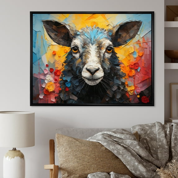Designart "Colorful Abstract Sheep composition II" Animals Floater Framed Canvas Wall Art