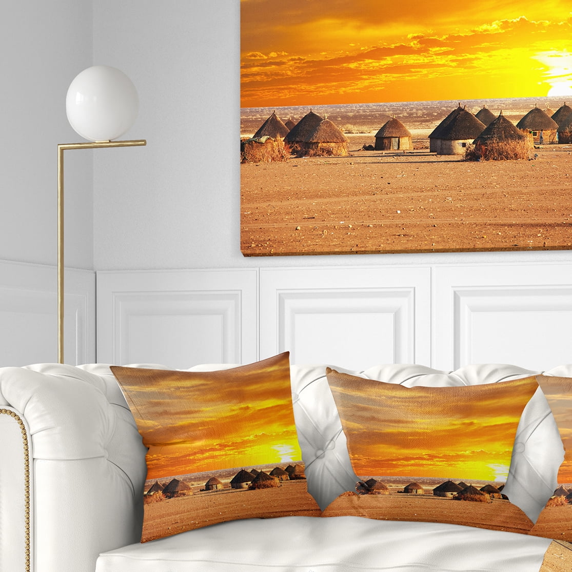 Designart Colorful African Village Huts View - Landscape Printed Throw Pillow - 16x16