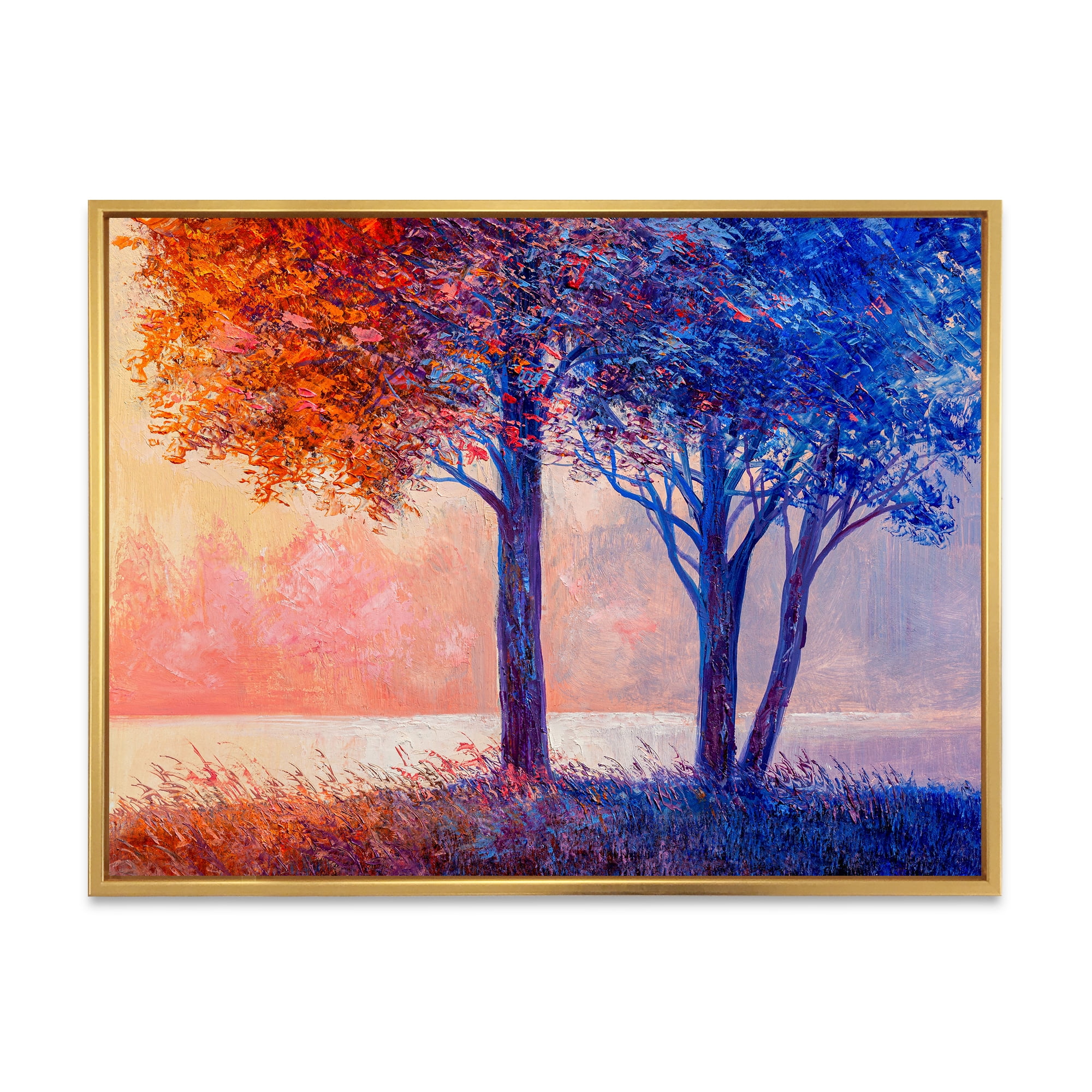 Designart 'Colorful Autumn Forest Trees Along Beautiful River' Lake House Framed Canvas Wall Art Print