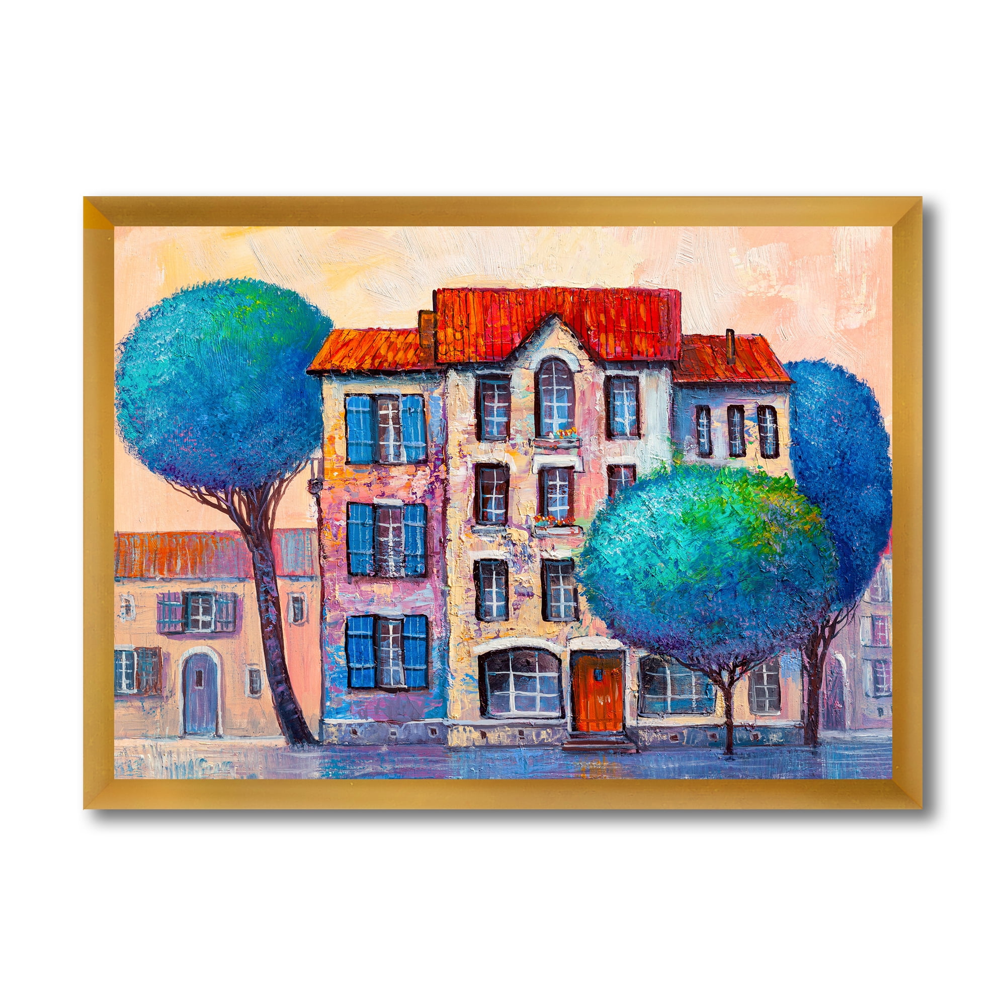 Designart 'Colorful Autumn Trees and A House With Red Roof' Modern Framed Art Print