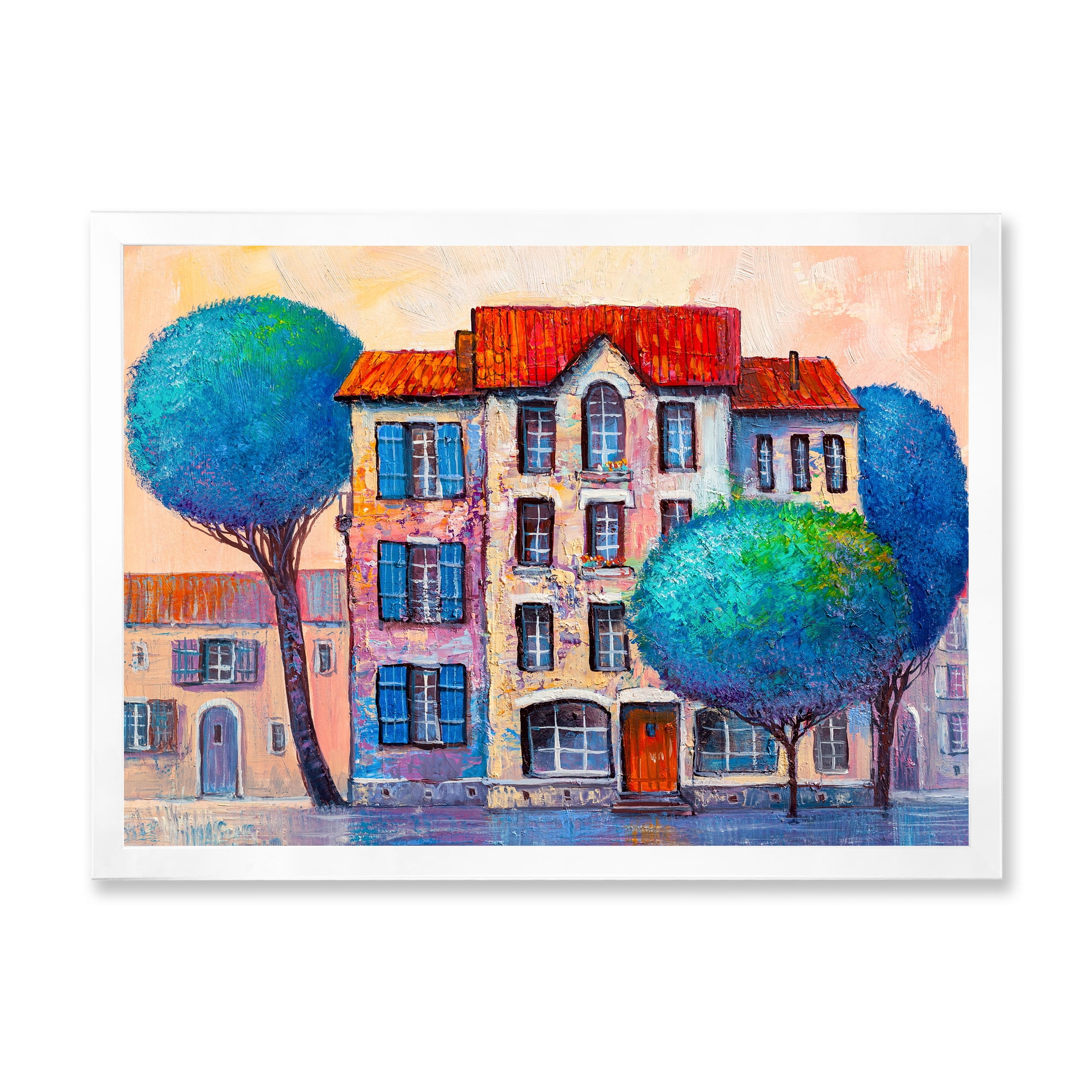 Designart 'Colorful Autumn Trees and A House With Red Roof' Modern Framed Art Print