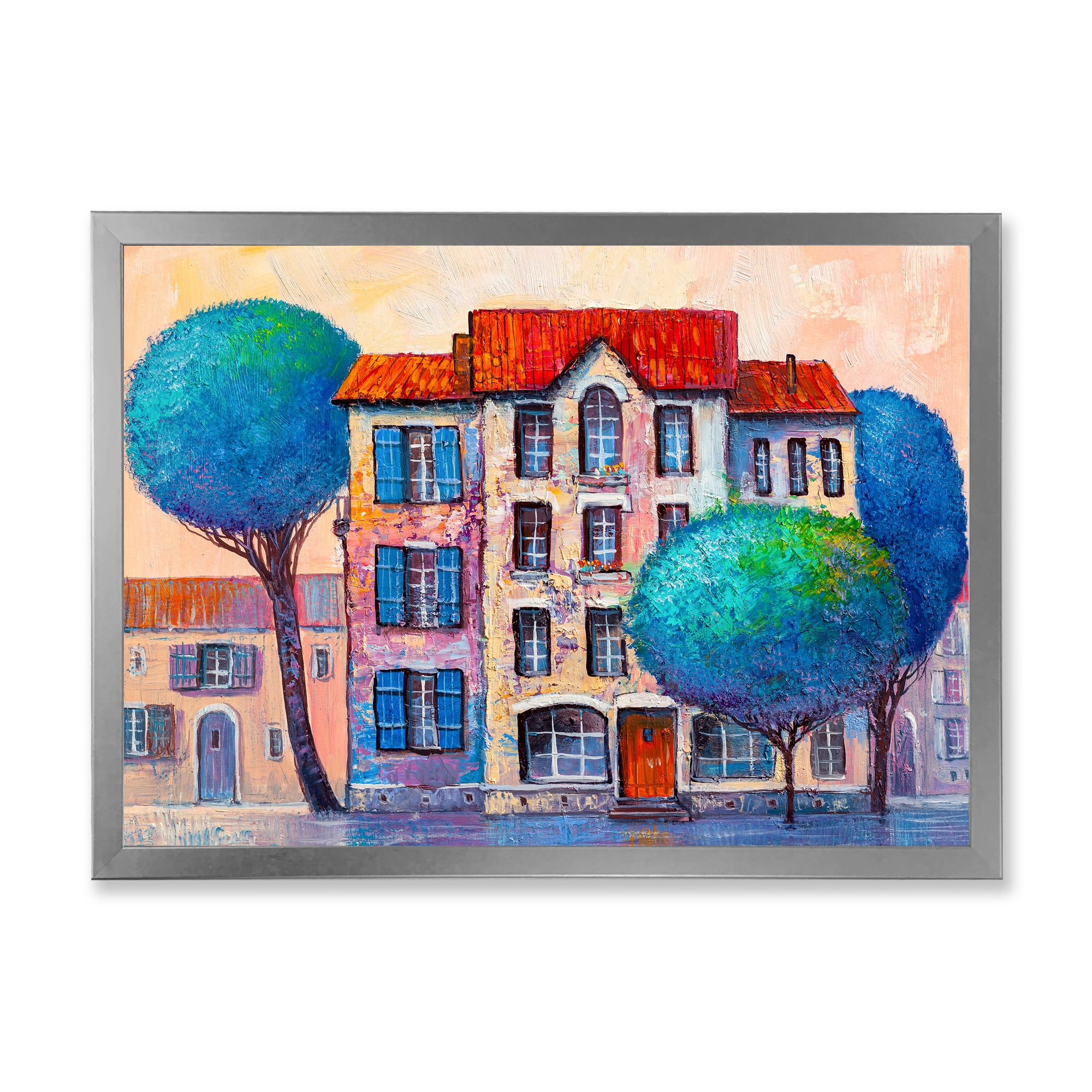 Designart 'Colorful Autumn Trees and A House With Red Roof' Modern Framed Art Print
