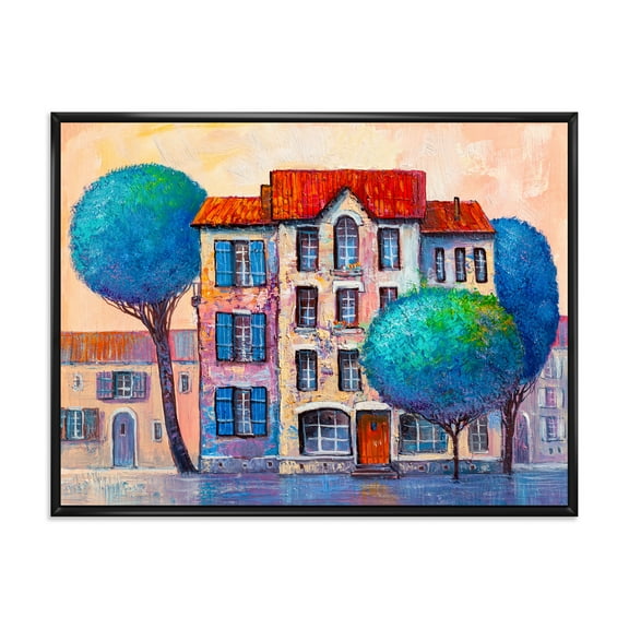 Designart 'Colorful Autumn Trees and A House With Red Roof' Modern Framed Canvas Wall Art Print
