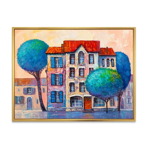 Designart 'Colorful Autumn Trees and A House With Red Roof' Modern Framed Canvas Wall Art Print