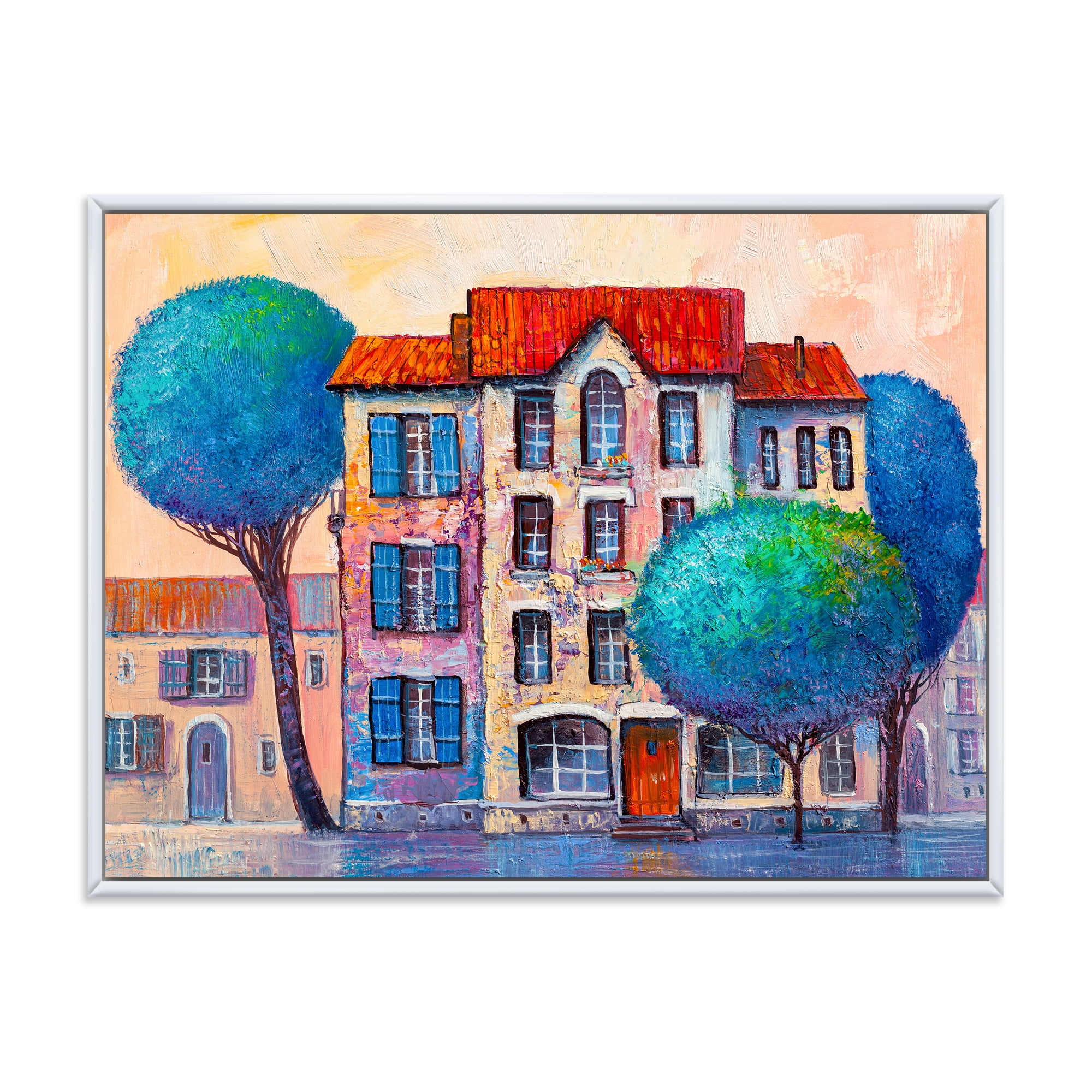 Designart 'Colorful Autumn Trees and A House With Red Roof' Modern Framed Canvas Wall Art Print