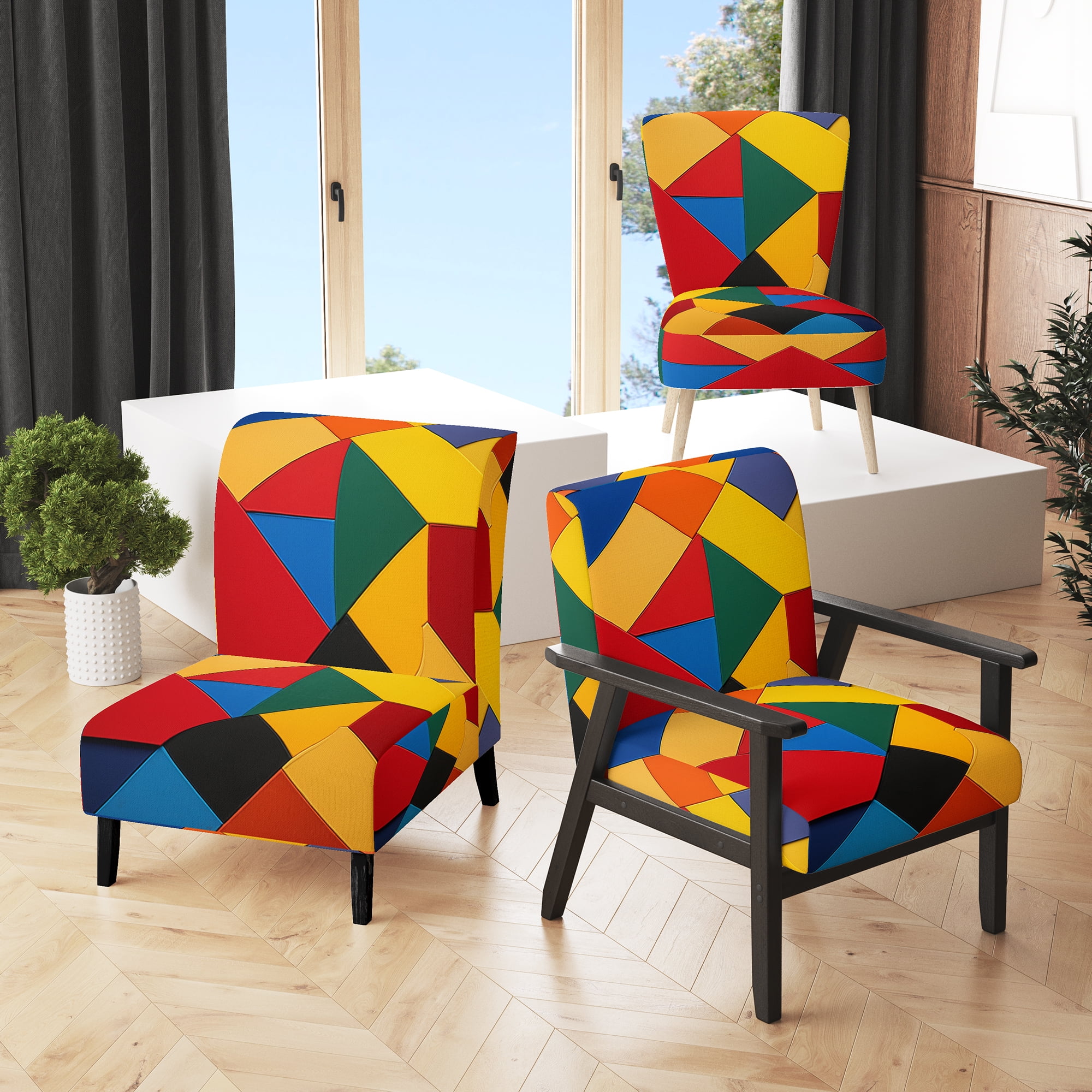 Designart Colorful Base Run Multi Color Abstract Upholstered Accent Chair Modern Arm Chair For Living Room