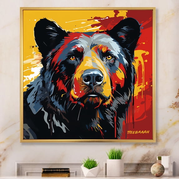 Designart "Colorful Bear Abstract Art I" Animals Framed Wall Art - Traditional Colorful Bear Bedroom Framed Canvas Wall Art