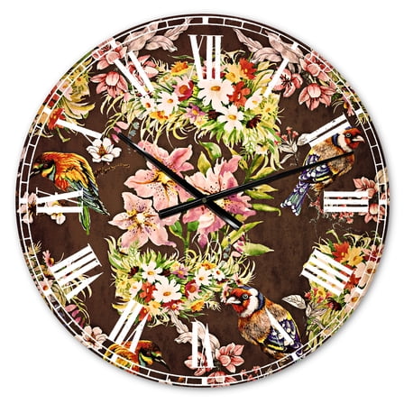 Designart 'Colorful Birds and Flowers' Traditional wall clock