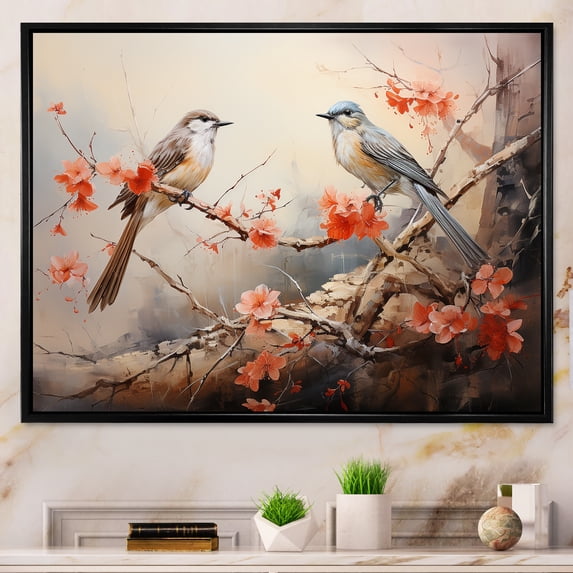Designart "Colorful Birds on Blossom Tree I" Animals Framed Wall Art - Modern Farmhouse Pink Bird Entryway Framed Wall Art