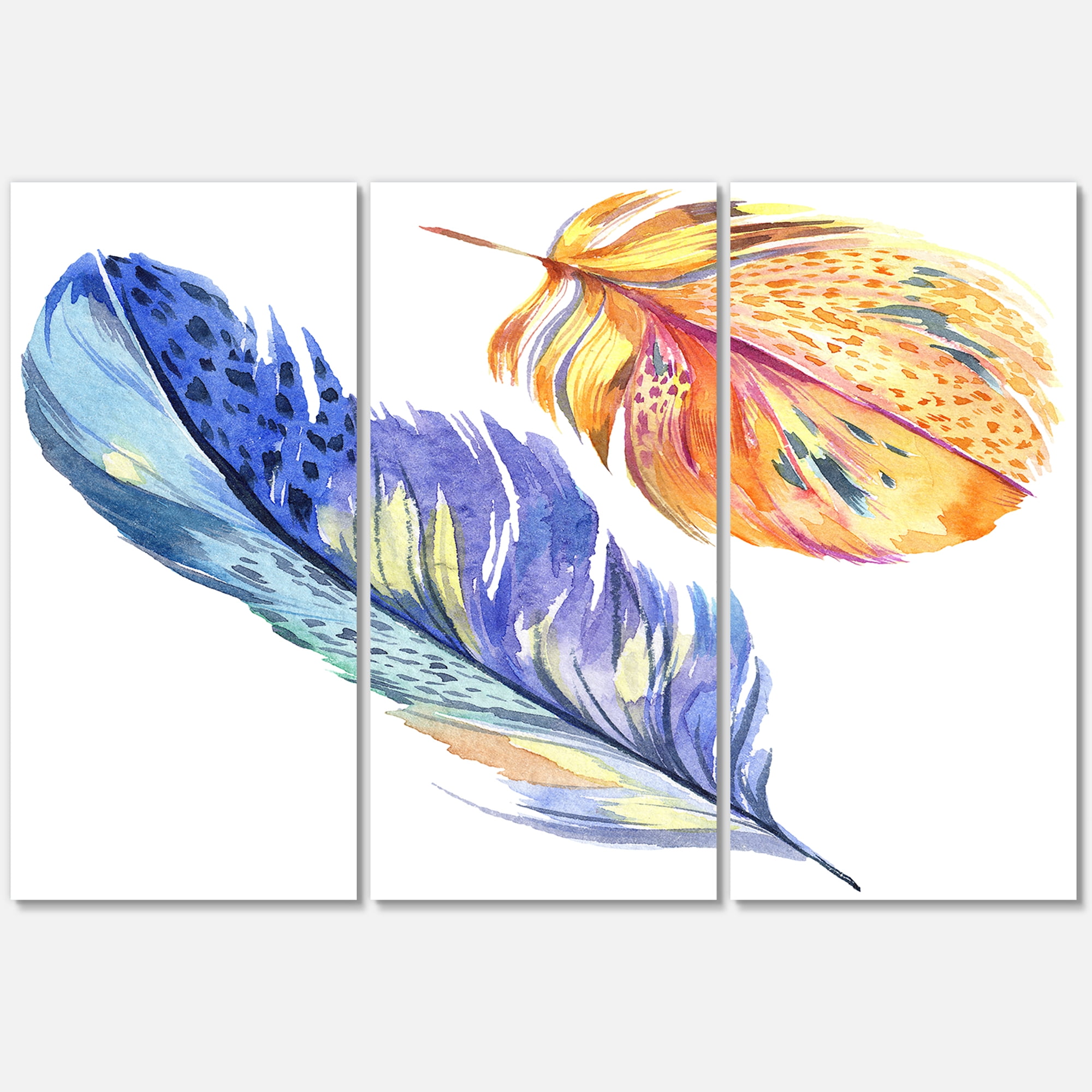 Designart ' Colorful Blue and Golden Bird Feather From Wing ' Bohemian & Eclectic Canvas Wall Art Print