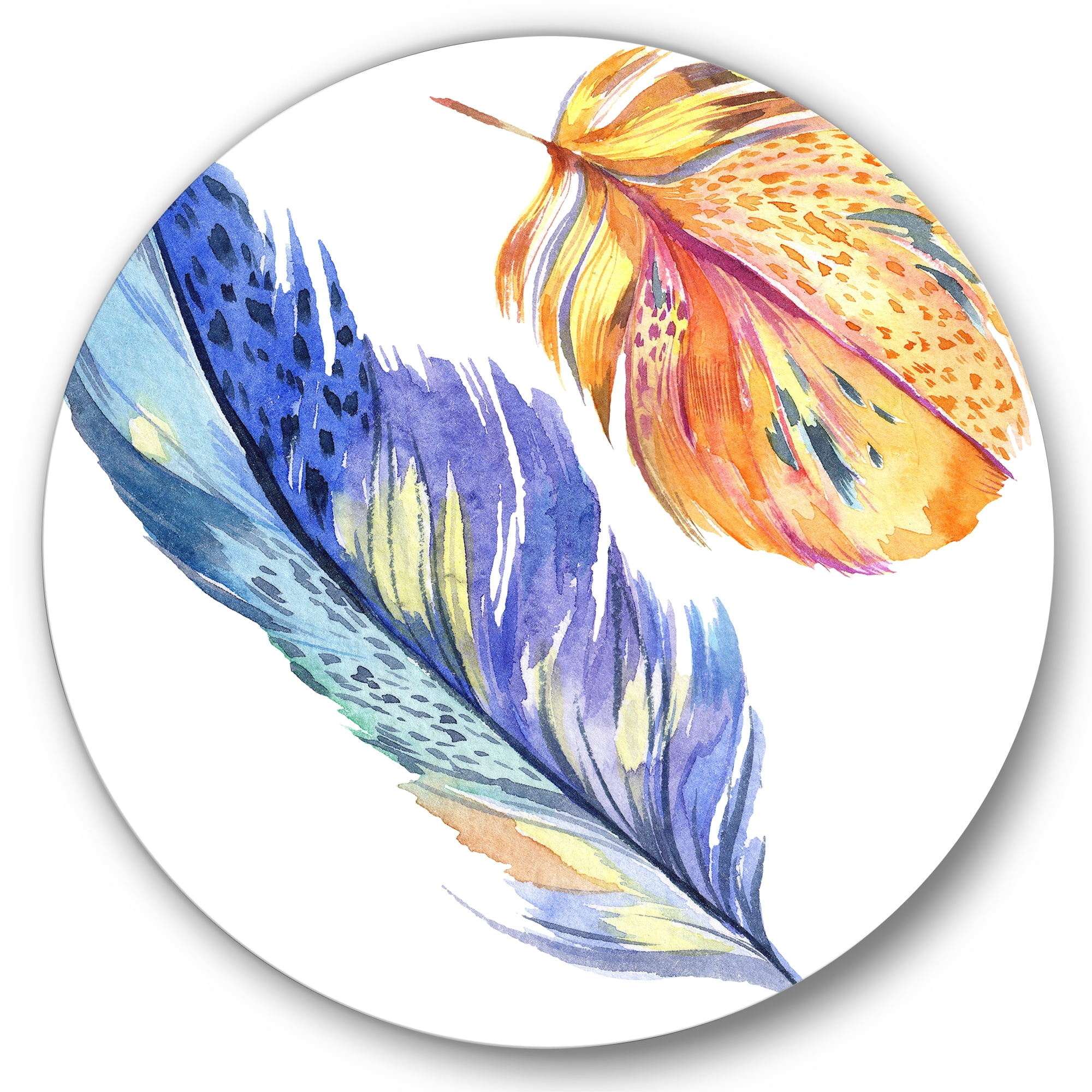 Designart 'Colorful Blue and Golden Bird Feather From Wing' Bohemian & Eclectic Circle Metal Wall Art 36x36 - Disc of 36