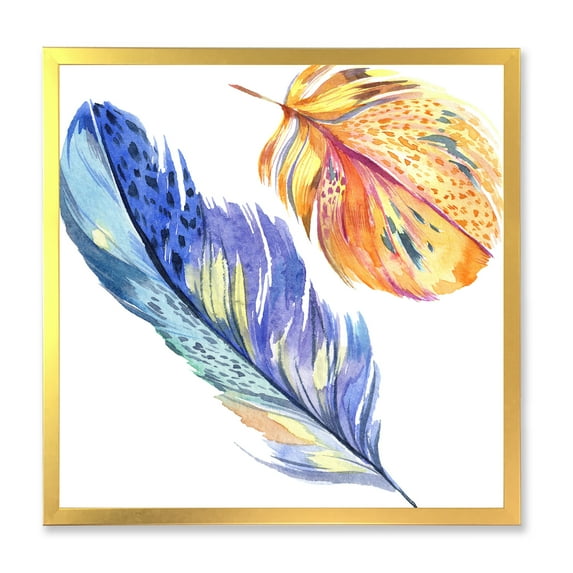 Designart 'Colorful Blue and Golden Bird Feather From Wing' Bohemian & Eclectic Framed Art Print