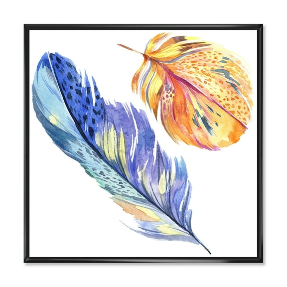 Designart 'Colorful Blue and Golden Bird Feather From Wing' Bohemian & Eclectic Framed Canvas Wall Art Print