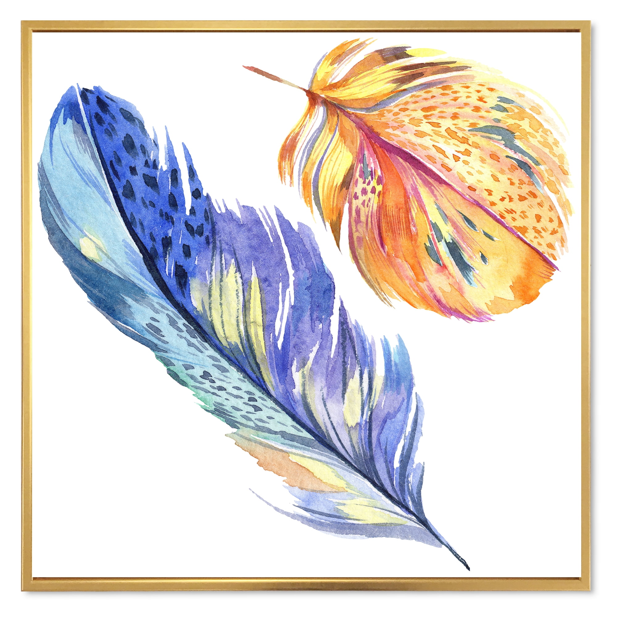 Designart 'Colorful Blue and Golden Bird Feather From Wing' Bohemian & Eclectic Framed Canvas Wall Art Print