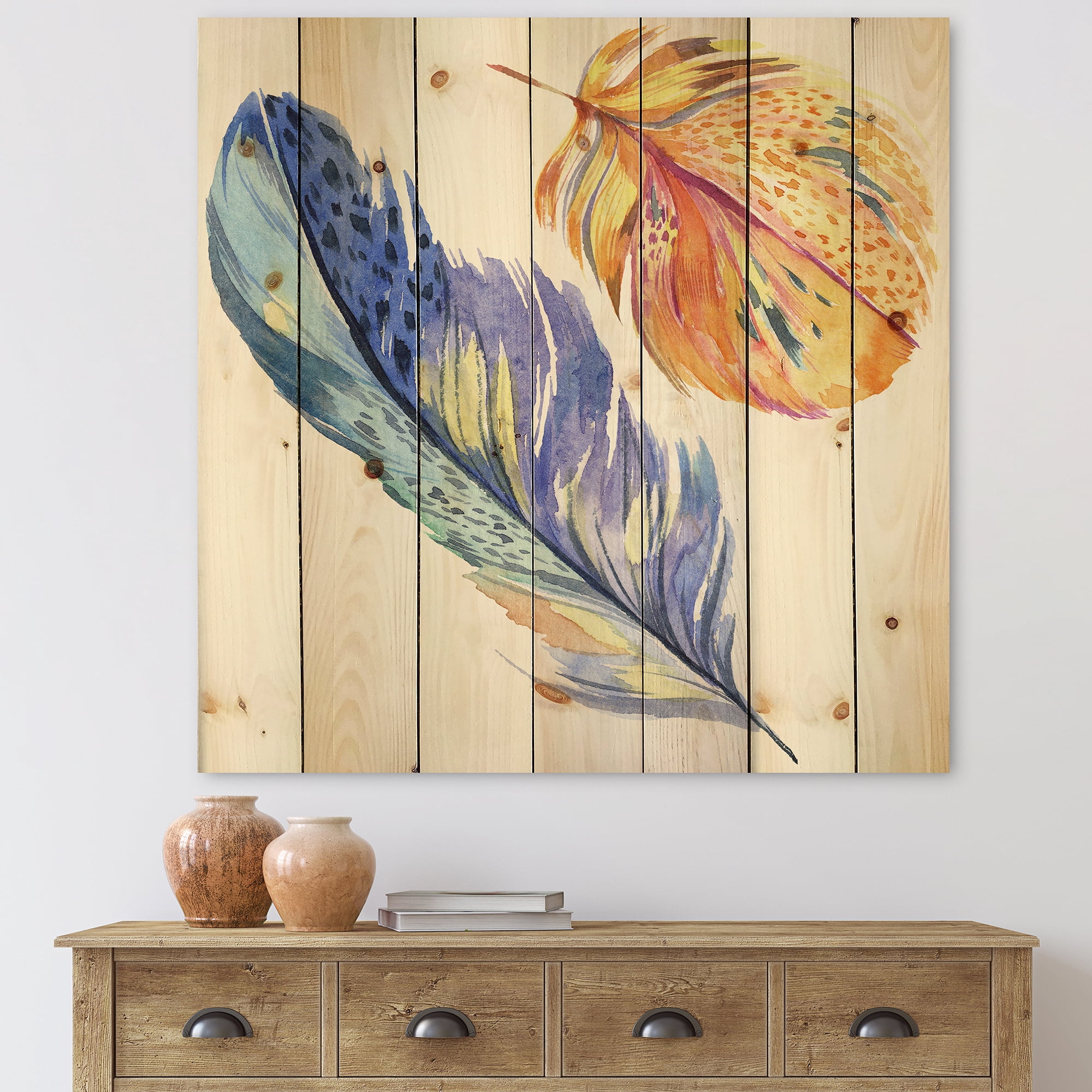 Designart 'Colorful Blue and Golden Bird Feather From Wing' Bohemian & Eclectic Print on Natural Pine Wood