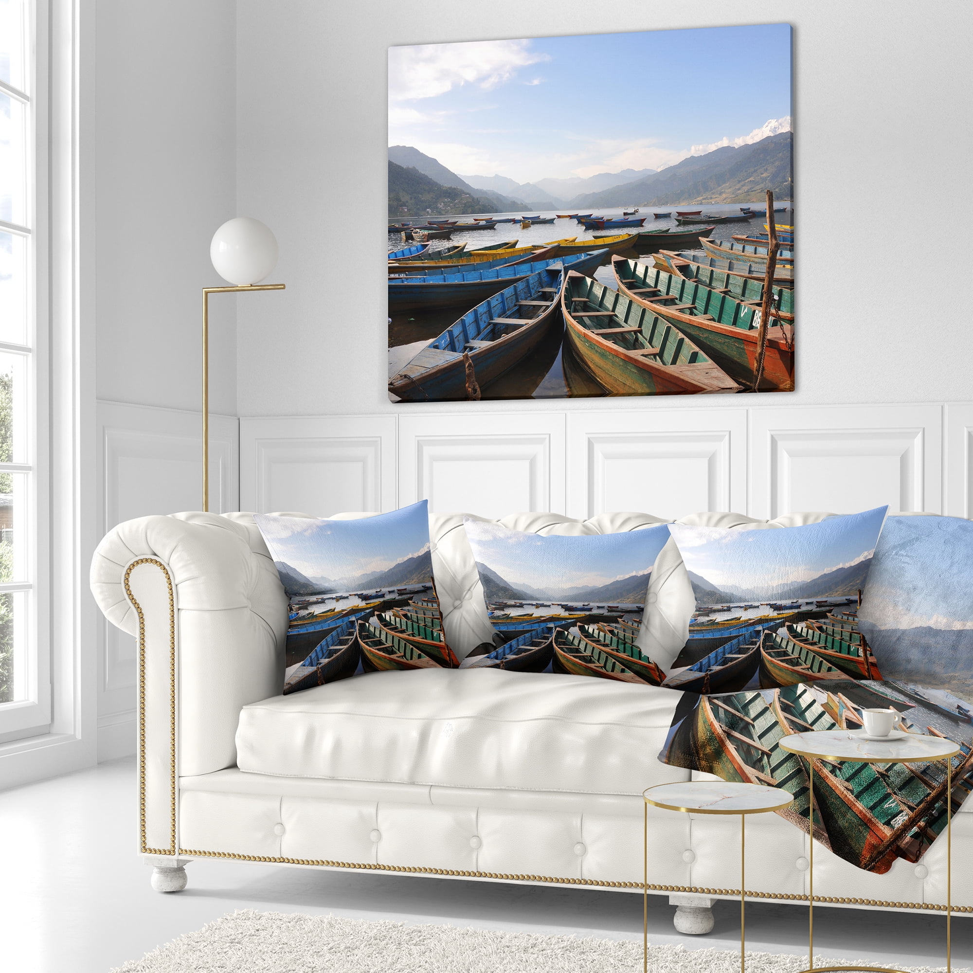 Designart Colorful Boats Pokhara Lake - Boat Throw Pillow - 16x16