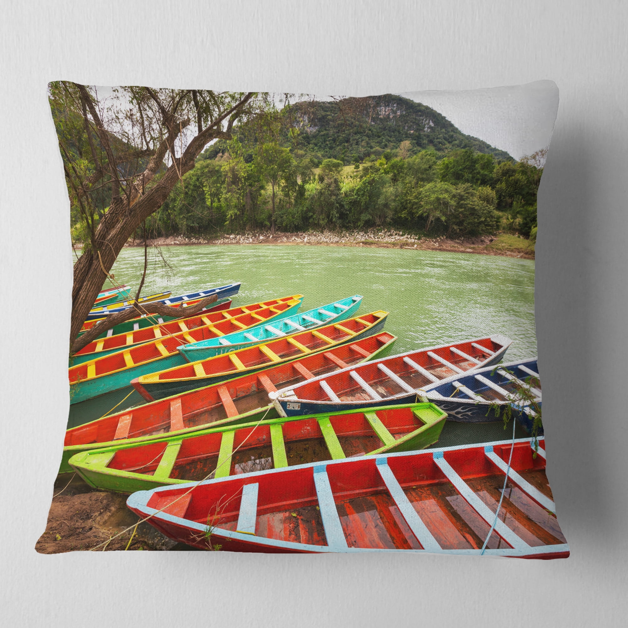 Designart Colorful Boats in Mexico - Landscape Printed Throw Pillow - 18x18