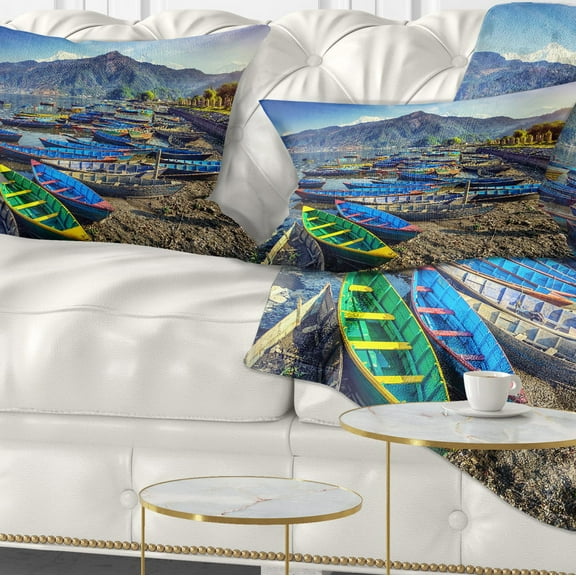 Designart Colorful Boats in Pokhara Lake - Boat Throw Pillow - 12x20