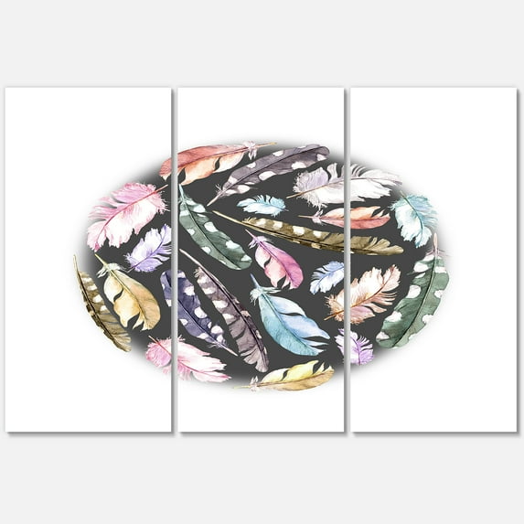 Designart ' Colorful Boho Feathers In Circle Shape ' Bohemian & Eclectic Canvas Wall Art Print