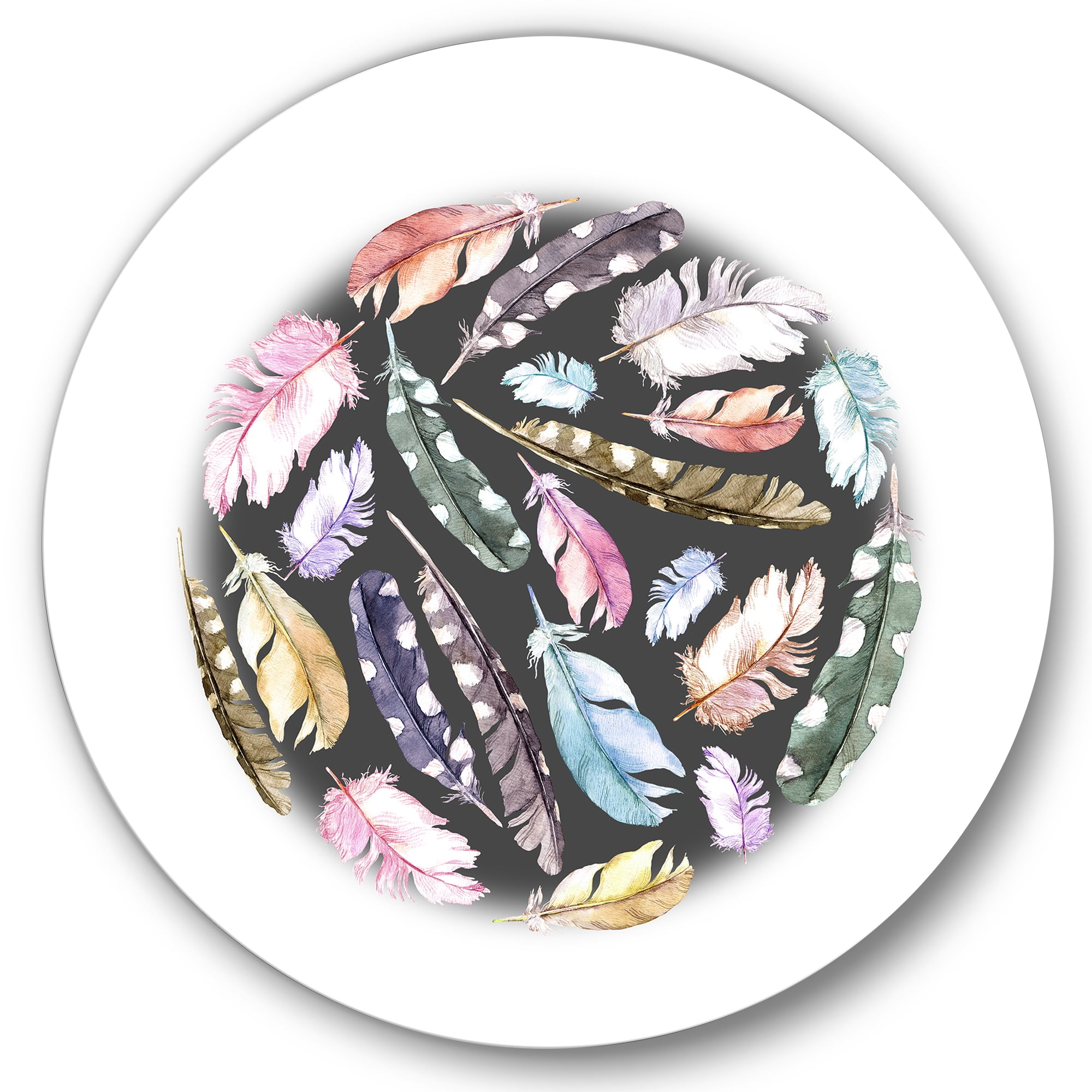 Designart 'Colorful Boho Feathers In Circle Shape' Bohemian & Eclectic Circle Metal Wall Art 23x23 - Disc of 23