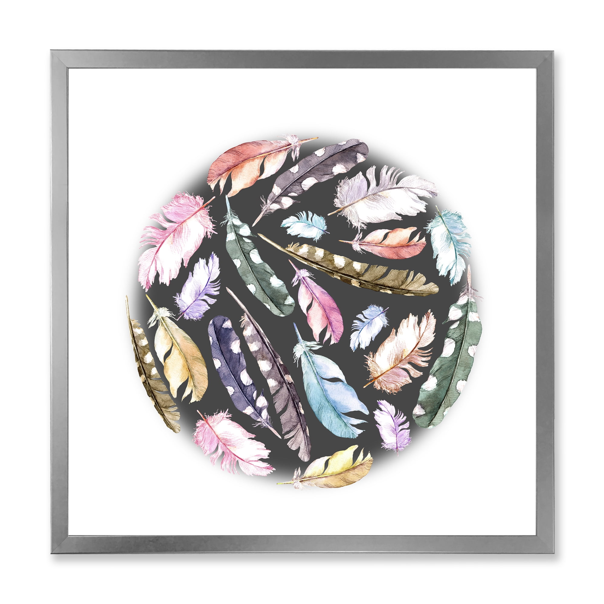 Designart 'Colorful Boho Feathers In Circle Shape' Bohemian & Eclectic Framed Art Print