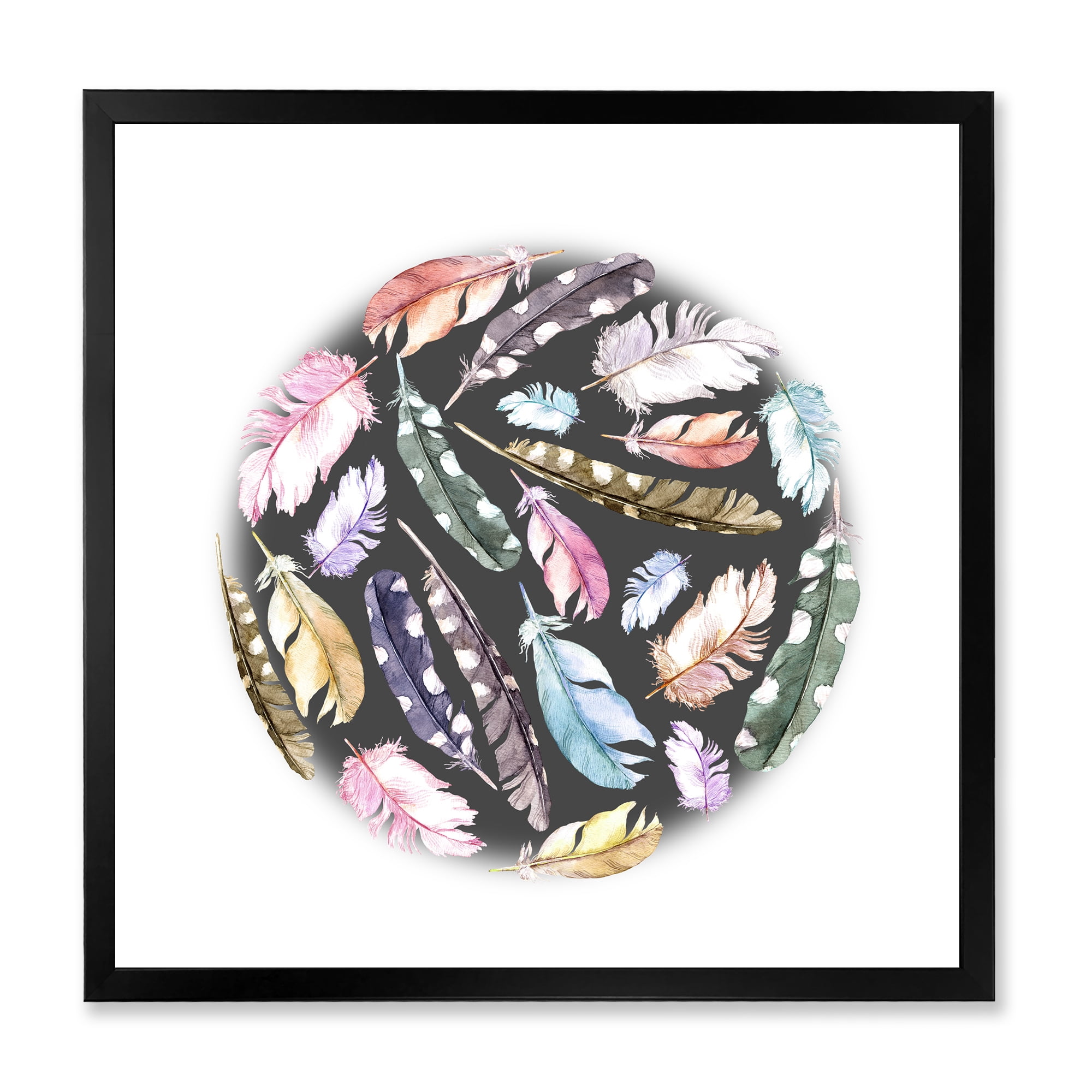 Designart 'Colorful Boho Feathers In Circle Shape' Bohemian & Eclectic Framed Art Print