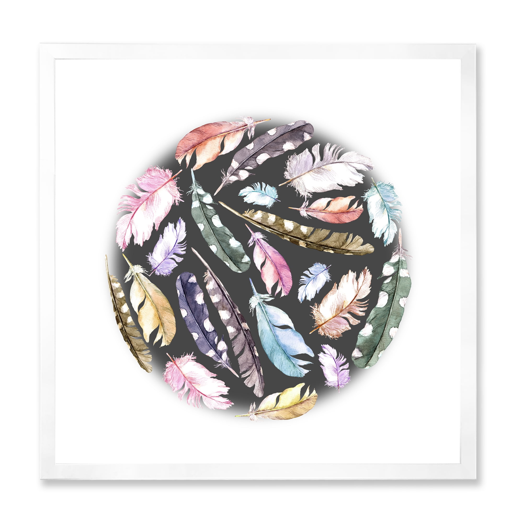 Designart 'Colorful Boho Feathers In Circle Shape' Bohemian & Eclectic Framed Art Print
