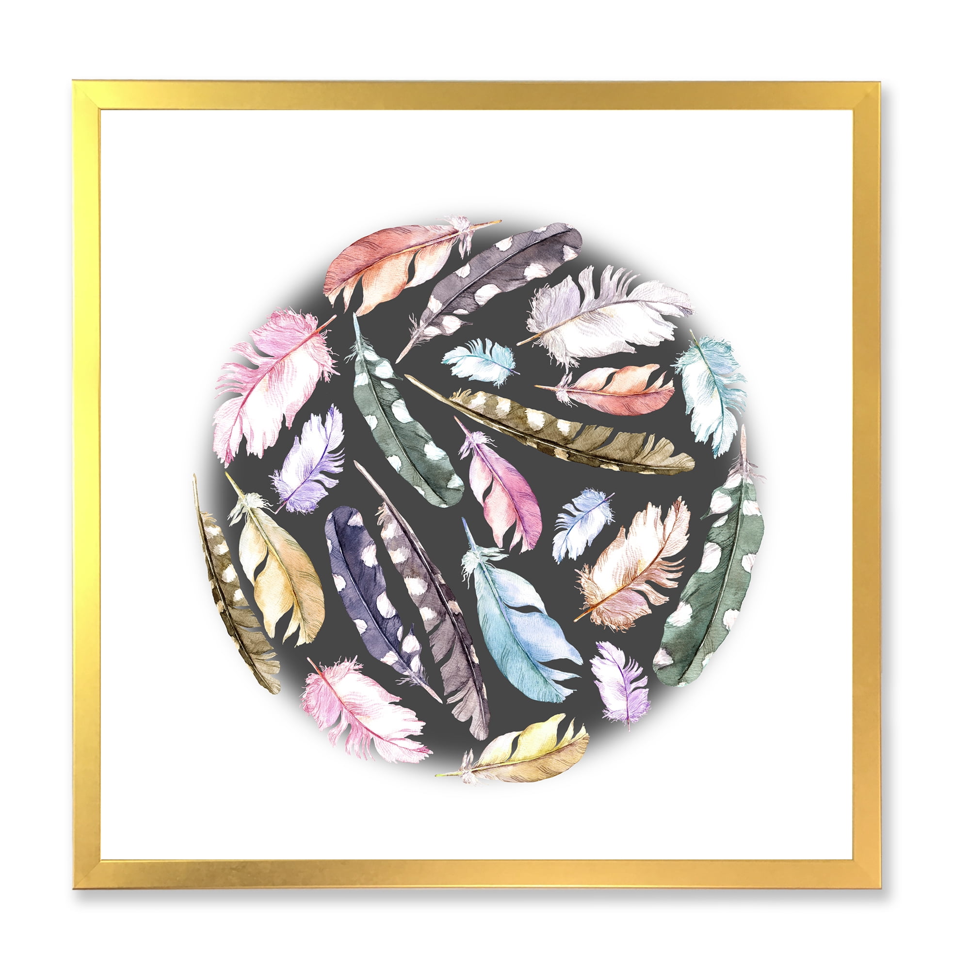 Designart 'Colorful Boho Feathers In Circle Shape' Bohemian & Eclectic Framed Art Print