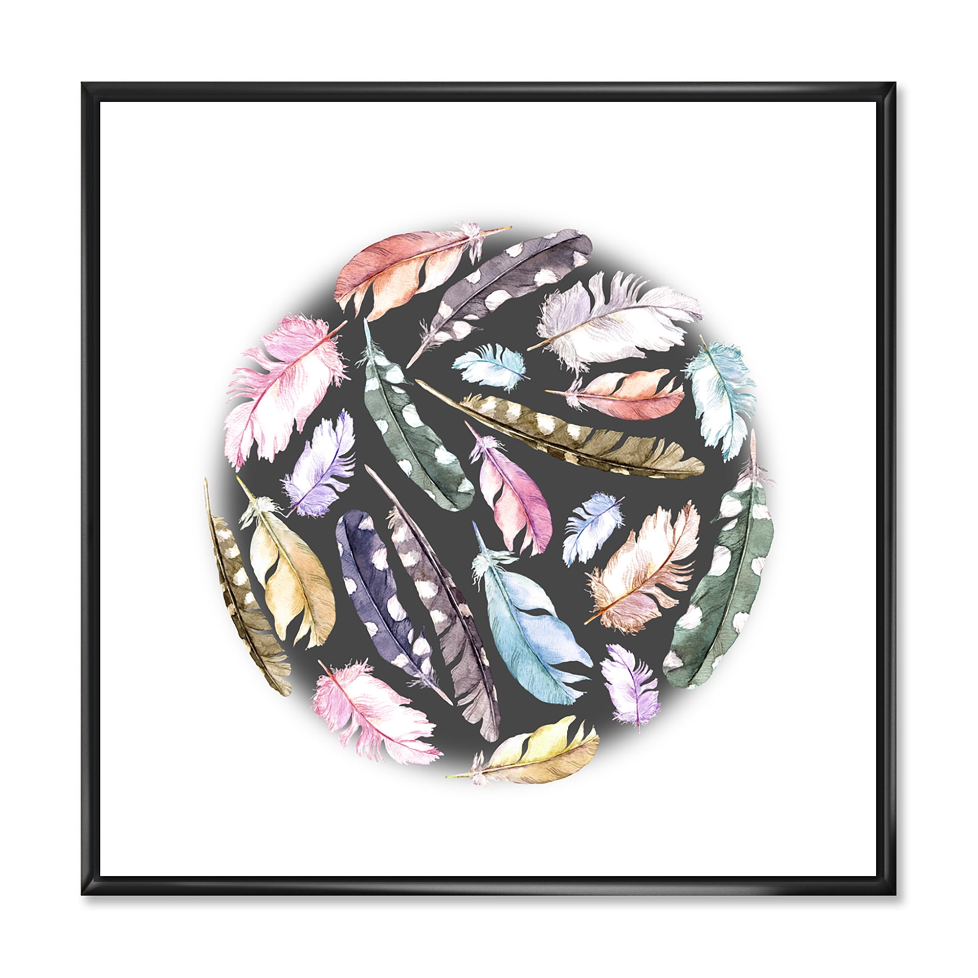 Designart 'Colorful Boho Feathers In Circle Shape' Bohemian & Eclectic Framed Canvas Wall Art Print