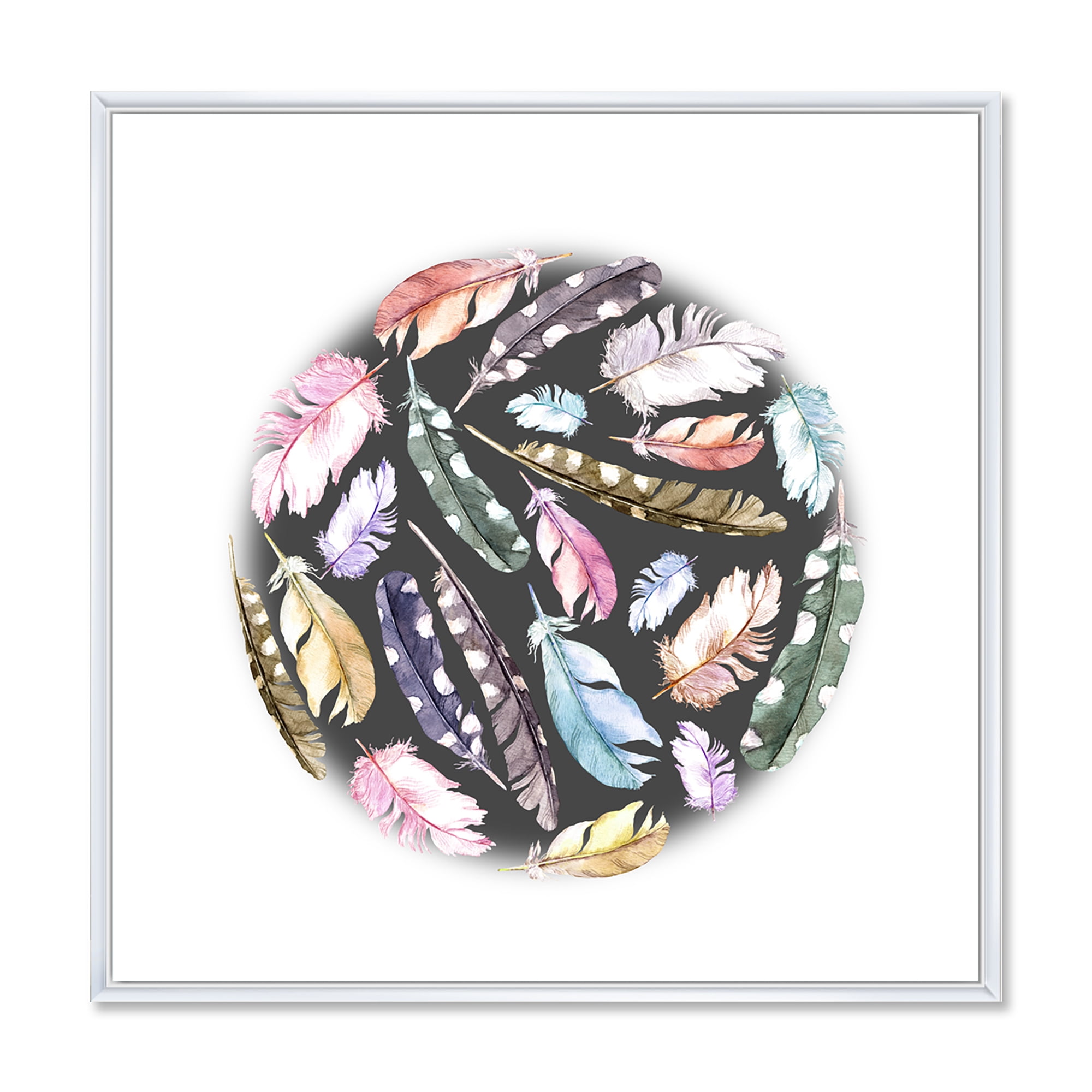 Designart 'Colorful Boho Feathers In Circle Shape' Bohemian & Eclectic Framed Canvas Wall Art Print