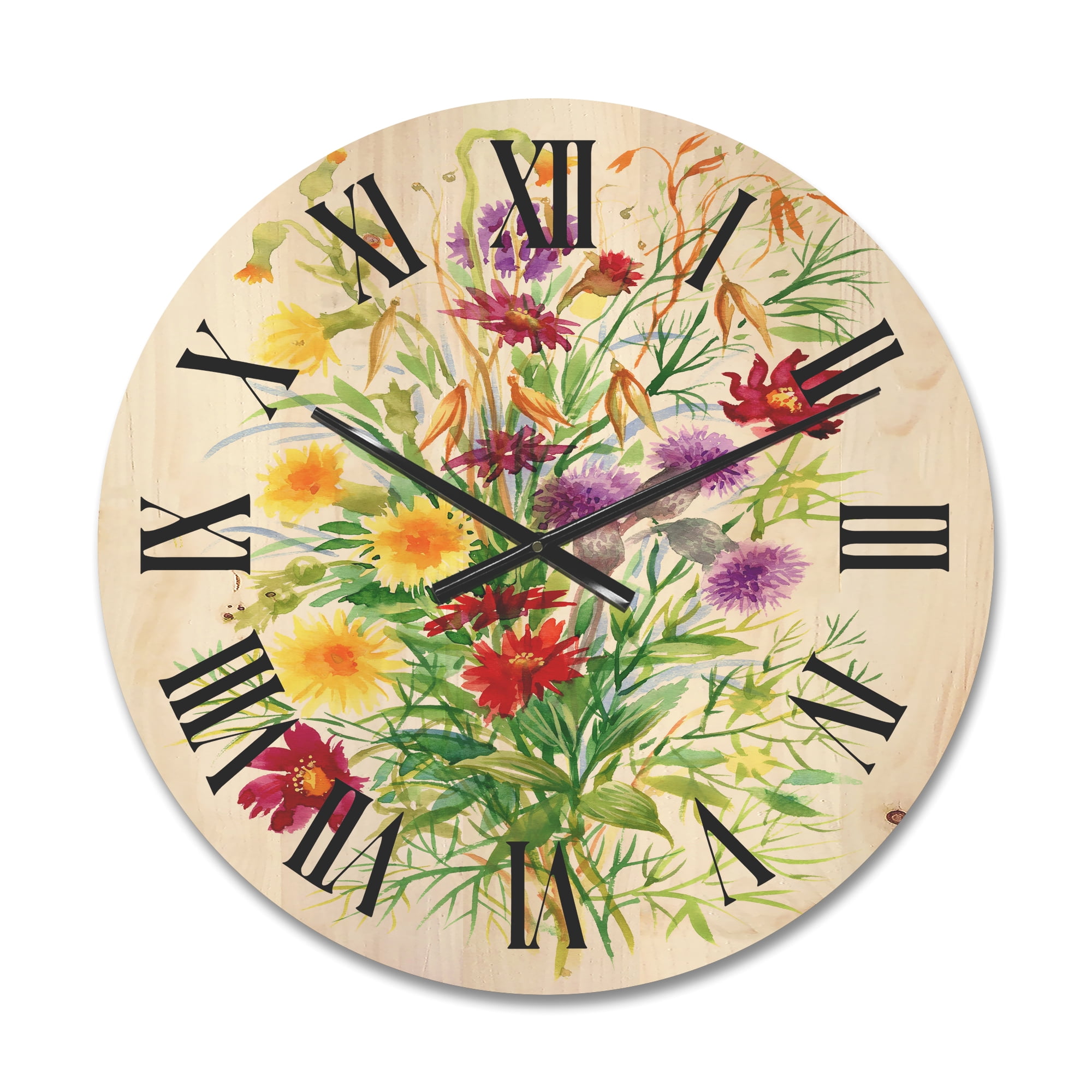 Designart 'Colorful Bouquet Of Wildflowers In Nature' Farmhouse Wood Wall Clock