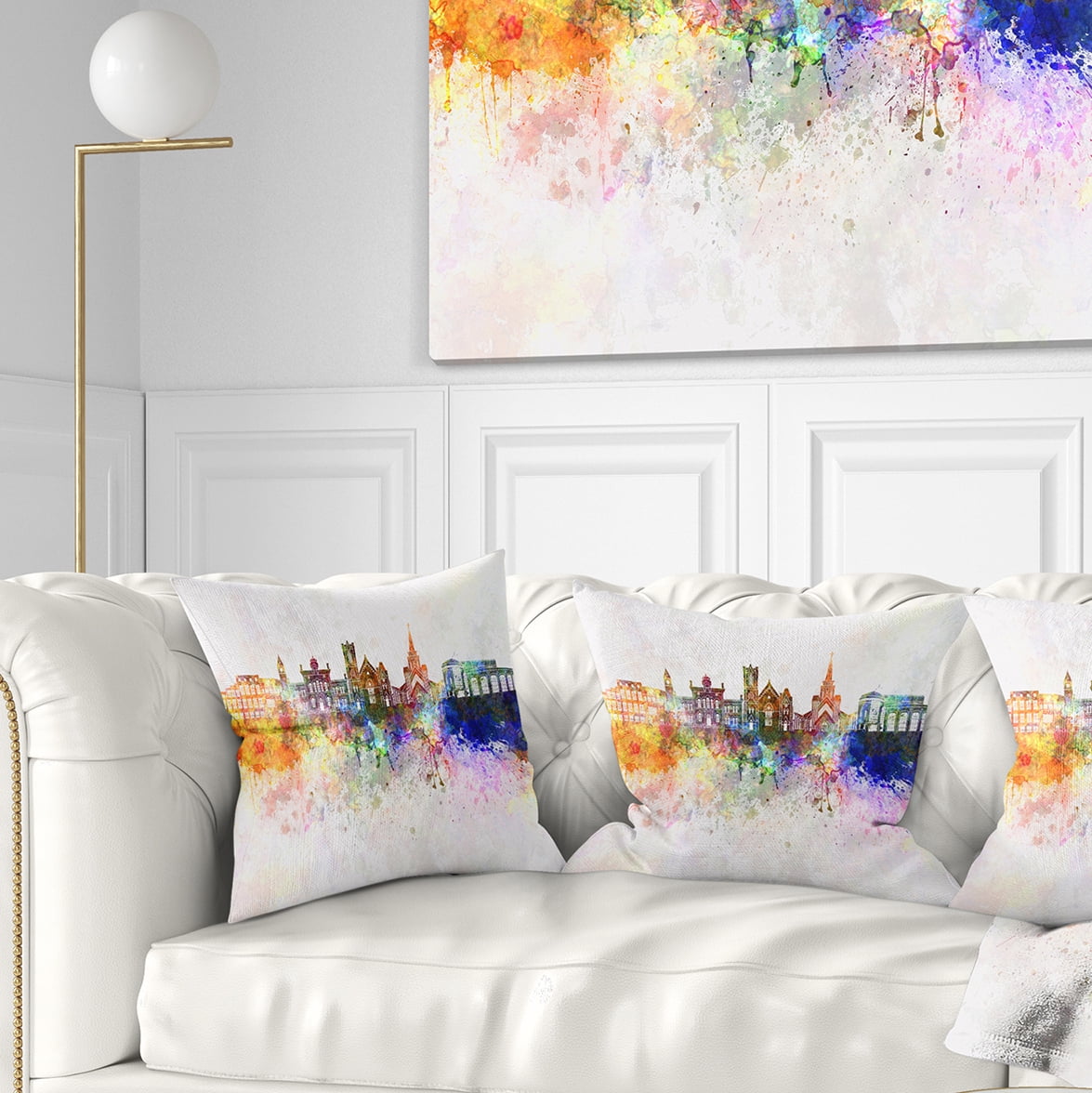 Designart Colorful Brampton Skyline - Cityscape Painting Throw Pillow - 18x18