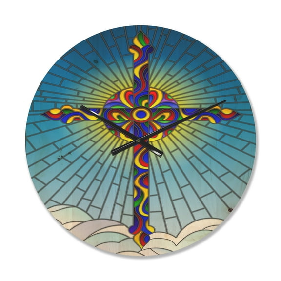 Designart 'Colorful Bright holy cross in blue sky ' Modern Wood Wall Clock
