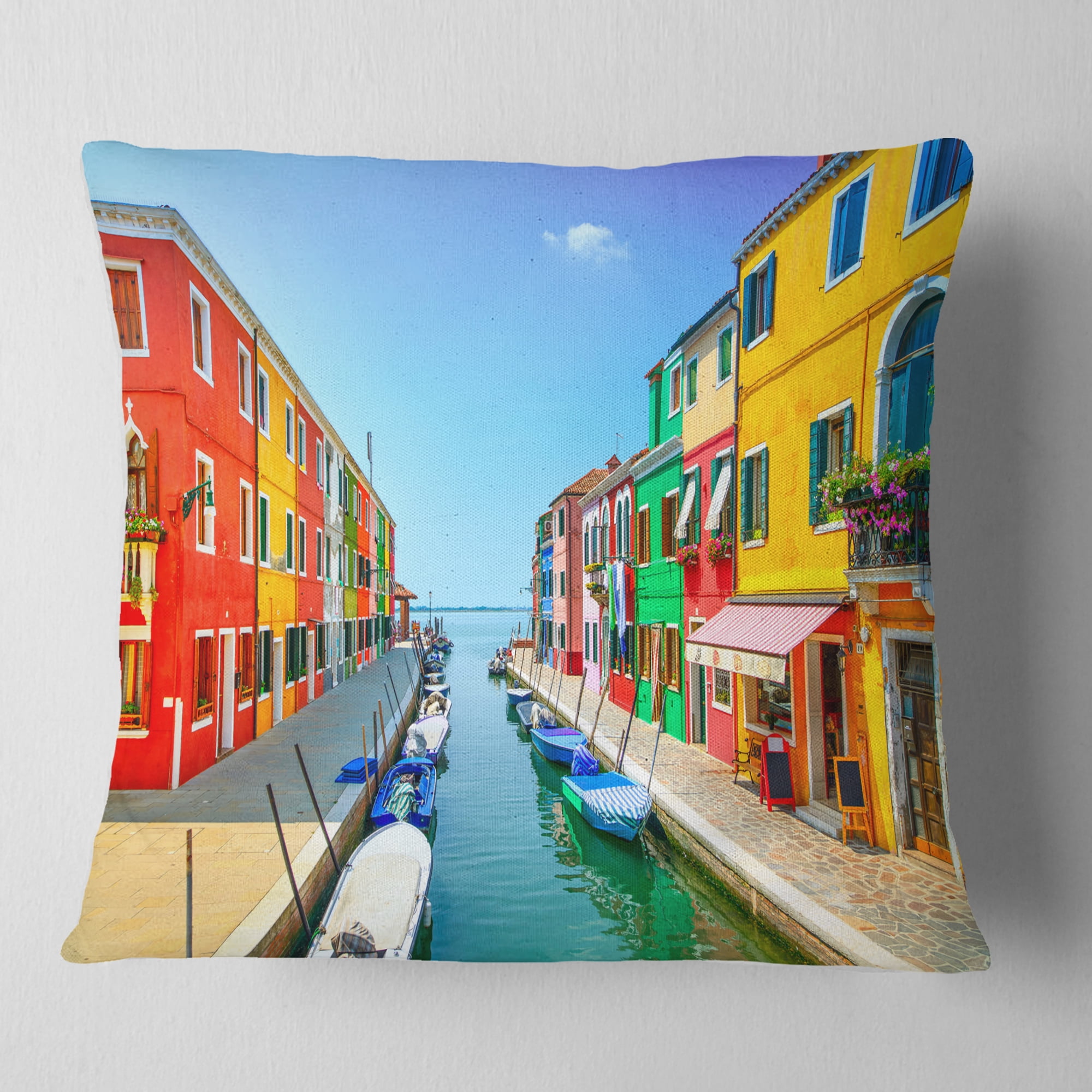 Designart Colorful Burano Island Canal Venice - Landscape Printed Throw Pillow - 18x18